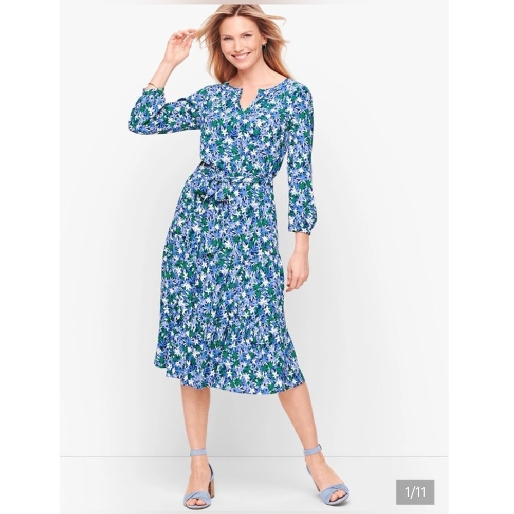 Talbots Petite Floral Tie Waist Tiered Midi Dress Blue Green 12 Rayon